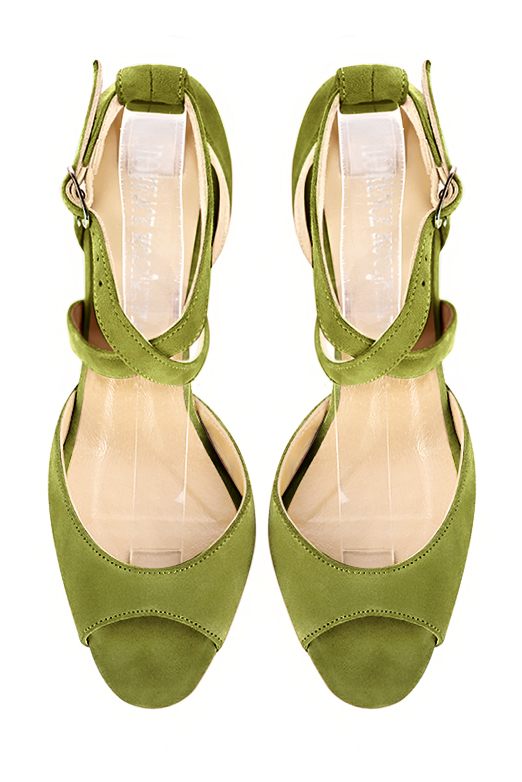 Pistachio green women's closed back sandals, with crossed straps. Square toe. Medium spool heels. Top view - Florence KOOIJMAN
